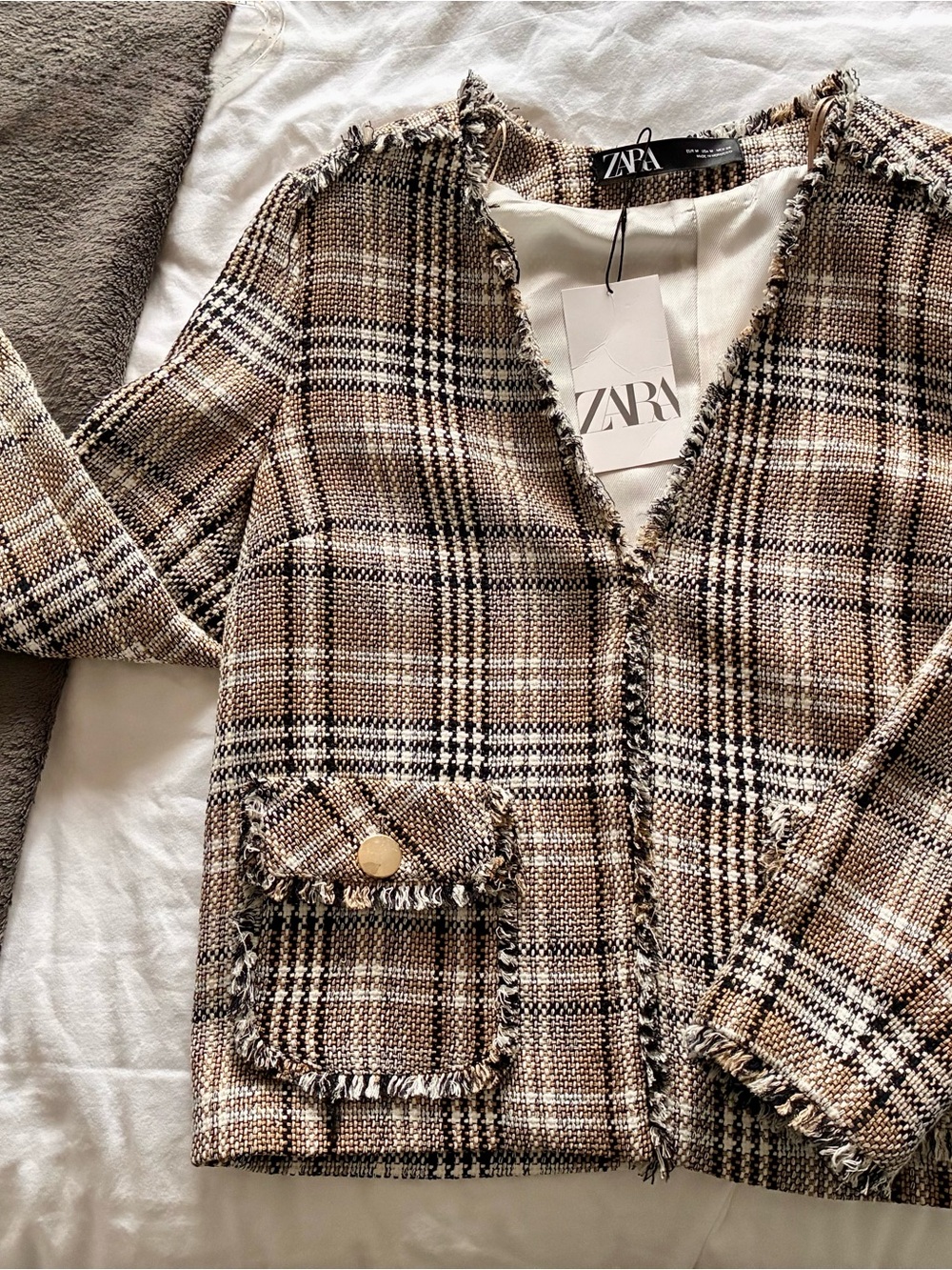ZARA Plaid Fringe-Trim Tweed Blazer in Brown & Cream